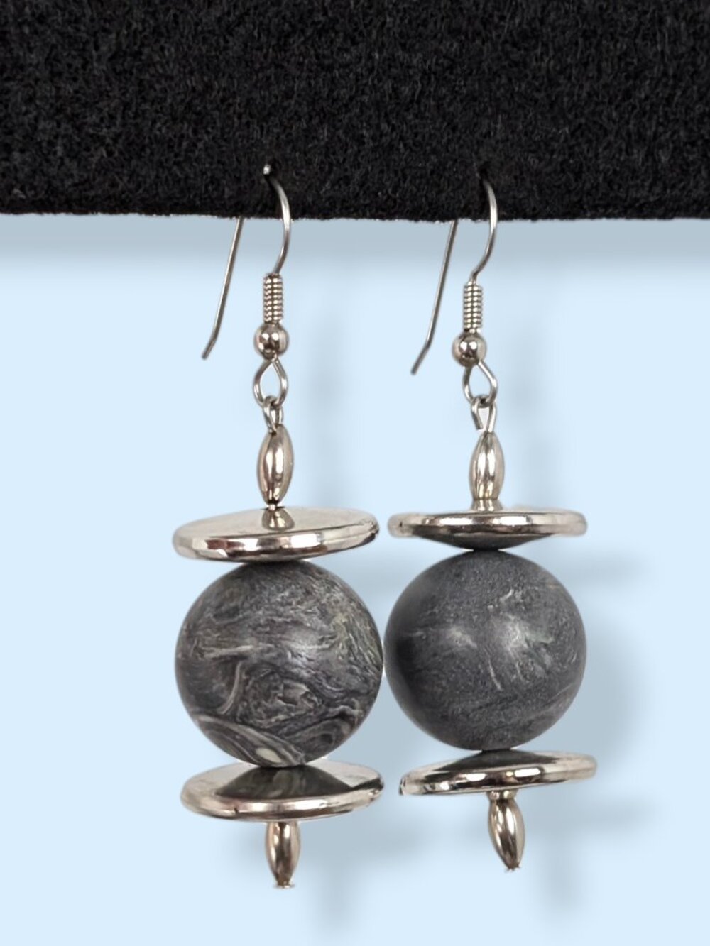 Vintage 80s Silver & Grey Geometric Dangling Earrings